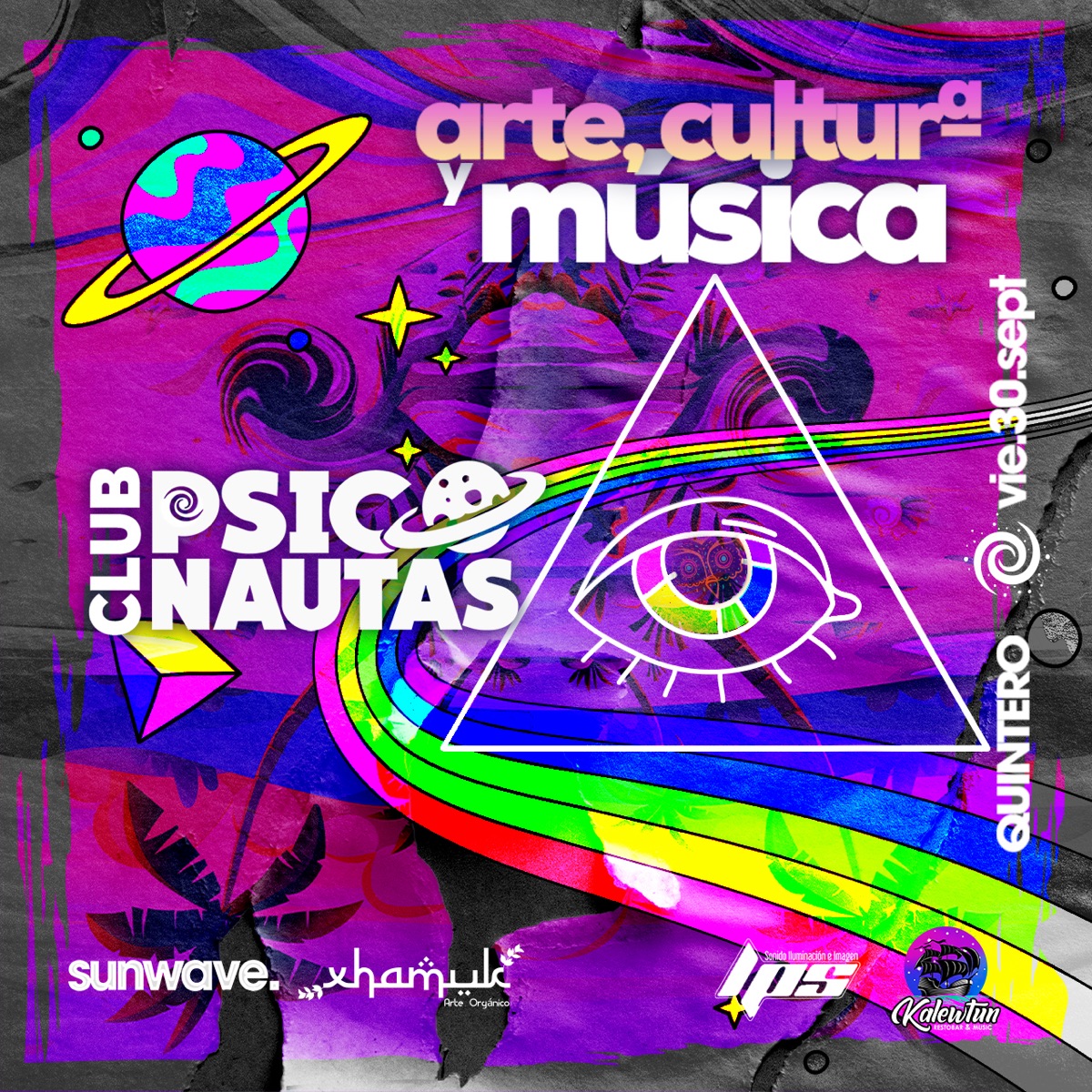 Afiche Club Psiconautas Quintero, arte, cultura y música, con Sunwave